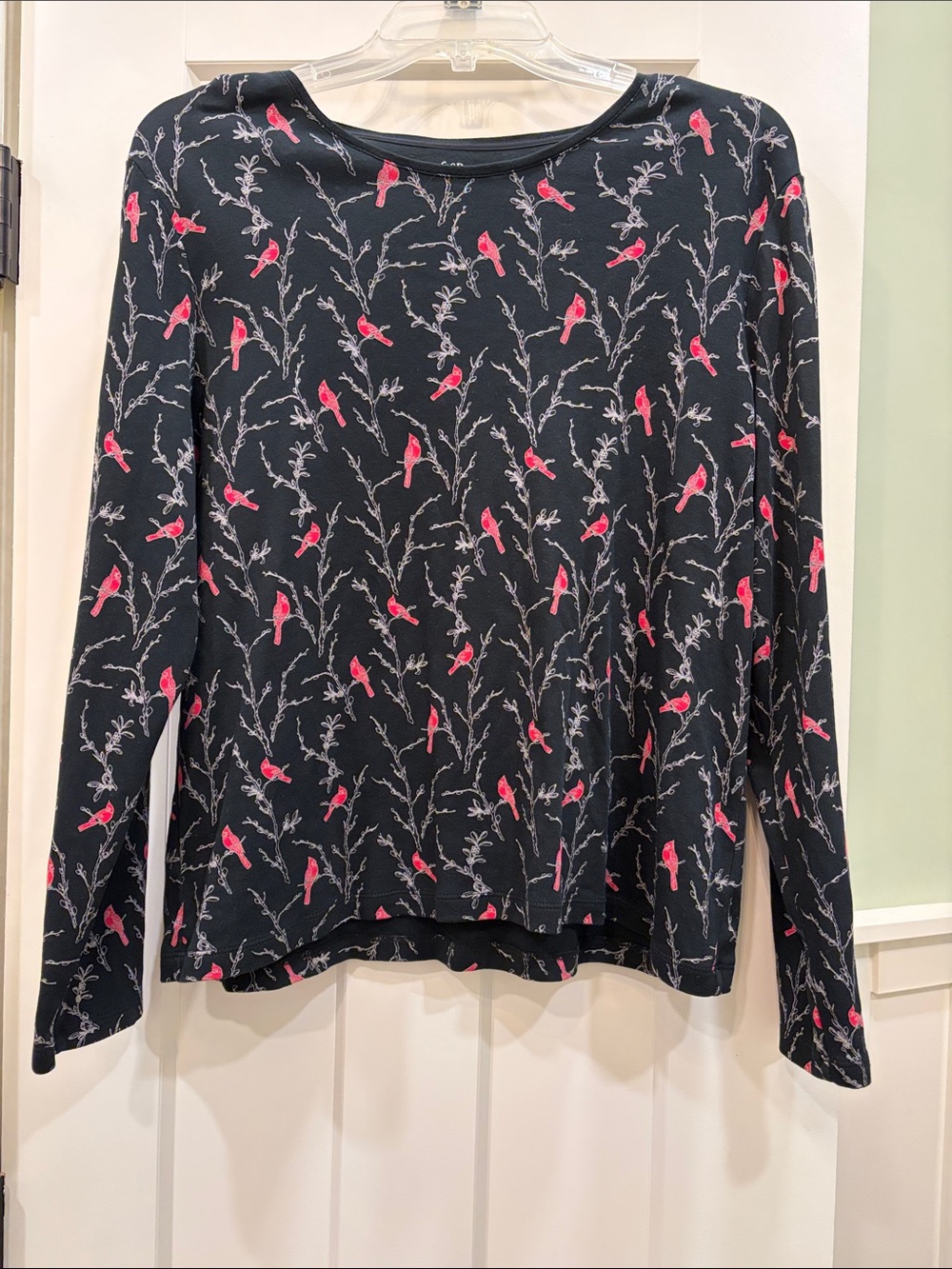 croft & barrow Black Long-Sleeve Top with Pink Bird Print